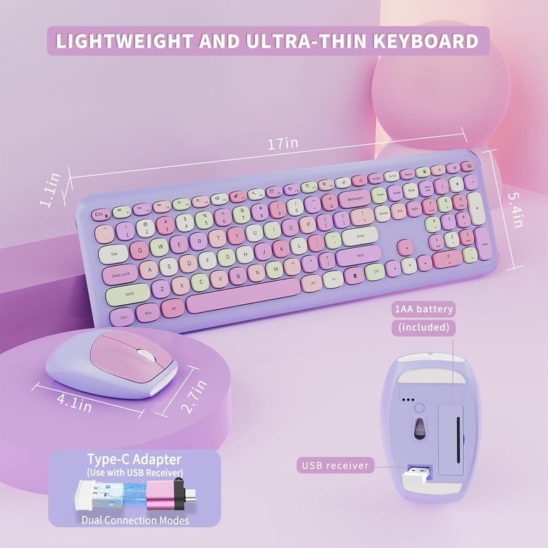 SkyGive Wireless Keyboard and Mouse Combo, Colorful Ergonomic Full Size Retro Low-Noise Keyboard with Cute keycaps, Compatible with Windows, PC, Perfer for Home and Office Keyboards (Purple) - Image 4